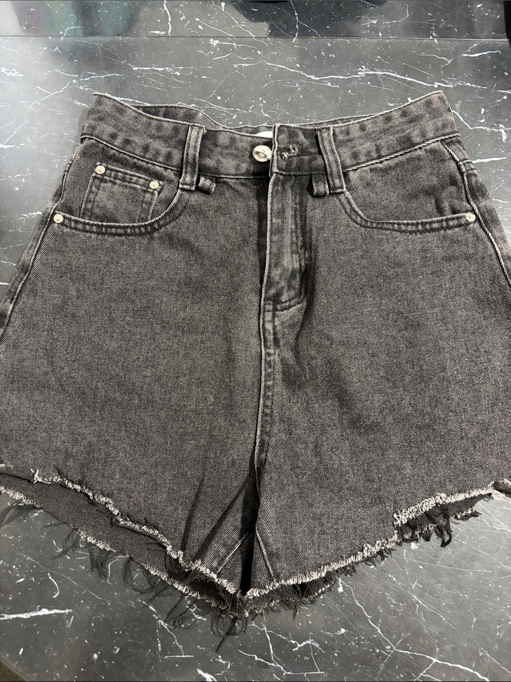 Black High-Rise Frayed Hem Denim Shorts